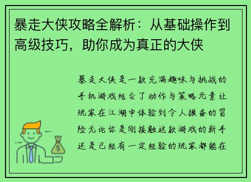 暴走大侠攻略全解析：从基础操作到高级技巧，助你成为真正的大侠